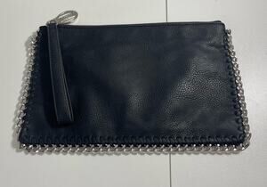 Carlos Santana Black Soft Leather & Silver Chain Edge Clutch Wristlet Retro